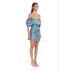 Eliya The Label Elegant Blue and Orange Off-Shoulder Dress